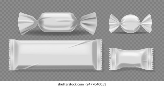 Realistische 3D-Vektorgrafik-Leerverpackung für Süßigkeiten und Schokoriegel in verschiedenen Formen. Kunststoff- und Folienverpackungen