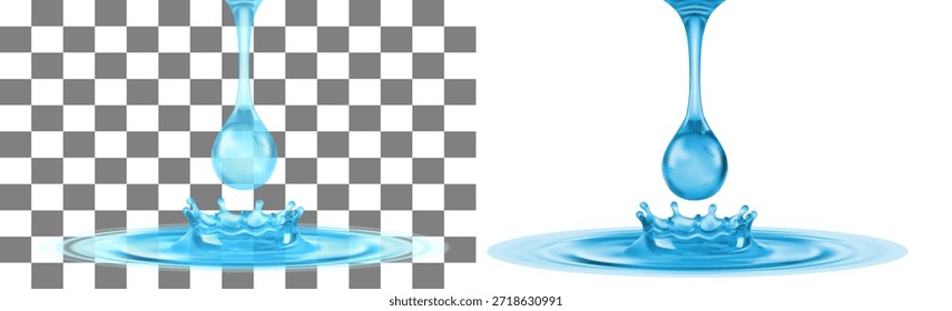Gota de agua azul realista del Vector 3D que cae en un chapoteo de la corona con las ondas Movimiento fluido brillante aislado en fondos blancos y transparentes Ideal para la naturaleza pura del agua o los conceptos cosméticos de la publicidad