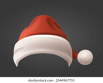 Realistic 3d Vector Bright Red Santa Claus Hat With A Fluffy White Trim And Pom-Pom On A Transparent Background Ideal For Holiday And Festive Designs Adding A Cheerful And Traditional Christmas Vibe