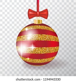Realistic 3d Vector Christmas Ball on Transparent Background with Golden Ornament. Red and Gold Xmas Bauble for New Year Decorations