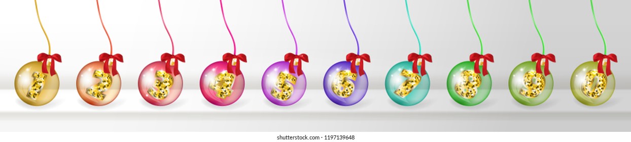 Realistic 3d Vector Christmas Balls with Gold Numbers on Transparent Background. Sparkling Xmas Baubles for New Year Decorations