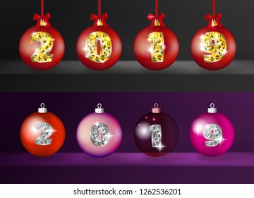 Realistic 3d Vector Christmas Balls with Golden 2019 Numbers on Transparent Background. Red and Gold Shining Xmas Baubles for New Year Decorations
