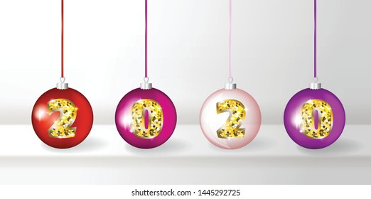 Realistic 3d Vector Christmas Balls with Golden 2020 Numbers on Transparent Background. Red and Gold Shining Xmas Baubles for New Year Decorations