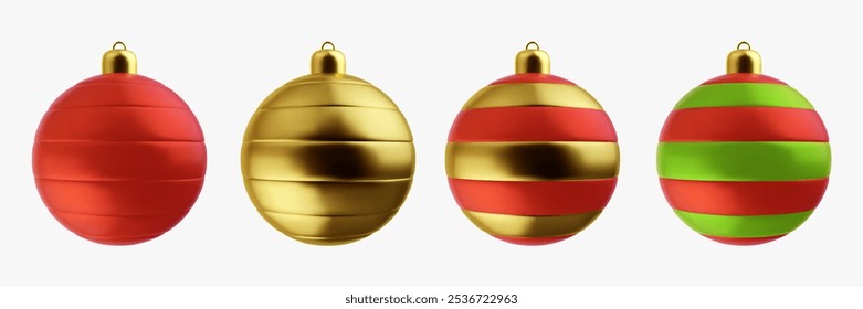 Realistic 3d vector Christmas toy isolated on white background. Set bright festive decoration new year elements from different materials.