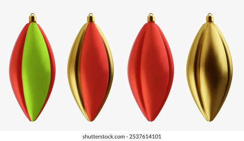 Juguete realista de las Navidades del Vector 3d aislado en el fondo blanco. Conjunto de Elementos de año nuevo de decoración festiva brillante de diferentes materiales.