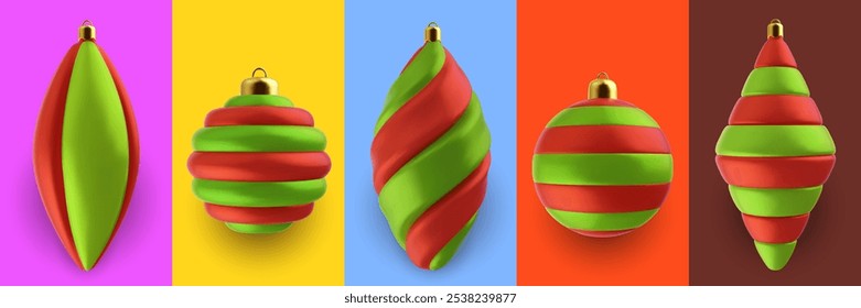 Realistic 3d vector Christmas toy isolated on colorful background. Set bright festive decoration new year elements from different materials.