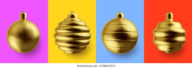 Realistic 3d vector Christmas toy isolated on color background. Set bright festive golden decoration new year elements from different materials.