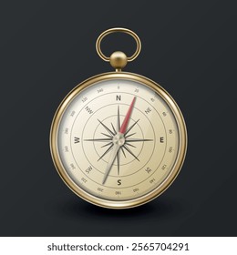 Realistic 3D Vector Compass with Gold Metallic Frame, Navigation Tool Illustration. Vintage Wind Rose Symbol on Dial, Compass Icon Close-up, Isolated