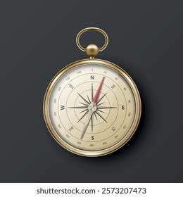 Realistic 3D Vector Compass with Gold Metallic Frame, Navigation Tool Illustration. Vintage Wind Rose Symbol on Dial, Compass Icon Close-up, Isolated