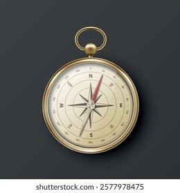 Realistic 3D Vector Compass with Gold Metallic Frame, Navigation Tool Illustration. Vintage Wind Rose Symbol on Dial, Compass Icon Close-up, Isolated