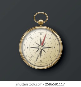 Realistic 3D Vector Compass with Gold Metallic Frame, Navigation Tool Illustration. Vintage Wind Rose Symbol on Dial, Compass Icon Close-up, Isolated