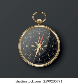 Realistic 3D Vector Compass with Gold Metallic Frame, Navigation Tool Illustration. Vintage Wind Rose Symbol on Dial, Compass Icon Close-up, Isolated