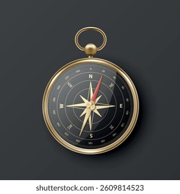 Realistic 3D Vector Compass with Gold Metallic Frame, Navigation Tool Illustration. Vintage Wind Rose Symbol on Dial, Compass Icon Close-up, Isolated