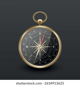 Realistic 3D Vector Compass with Gold Metallic Frame, Navigation Tool Illustration. Vintage Wind Rose Symbol on Dial, Compass Icon Close-up, Isolated
