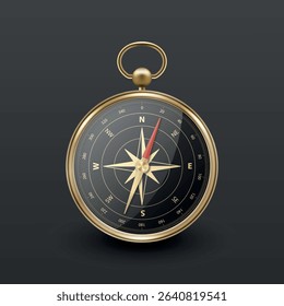 Realistic 3D Vector Compass with Gold Metallic Frame, Navigation Tool Illustration. Vintage Wind Rose Symbol on Dial, Compass Icon Close-up, Isolated