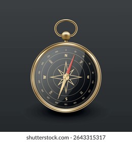 Realistic 3D Vector Compass with Gold Metallic Frame, Navigation Tool Illustration. Vintage Wind Rose Symbol on Dial, Compass Icon Close-up, Isolated