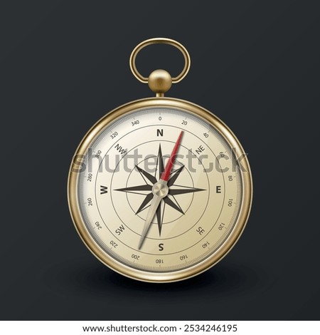 Realistic 3D Vector Compass with Gold Metallic Frame, Navigation Tool Illustration. Vintage Wind Rose Symbol on Dial, Compass Icon Close-up, Isolated