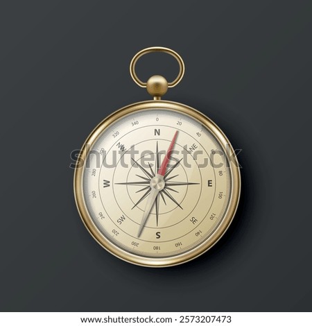 Realistic 3D Vector Compass with Gold Metallic Frame, Navigation Tool Illustration. Vintage Wind Rose Symbol on Dial, Compass Icon Close-up, Isolated