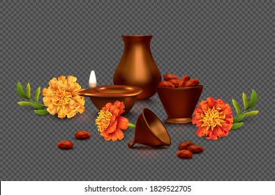 Realistic 3d vector composition of Diwali Oil Lamp and marigold flowers, traditional copper Indian cookware