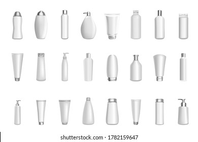Realistic 3d vector cosmetic Product bottle pack package blank templates mockup of soft white plastic cosmetics containers. Spray bottles, cream, soups, foams, shampoo, dispenser set