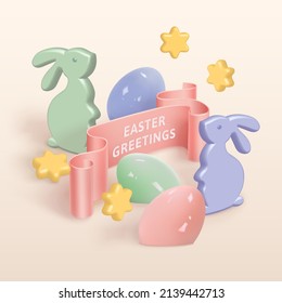 Realistic 3d vector design with Easter greetings scroll banner, toy bunnies, eggs, stars on a light backdrop