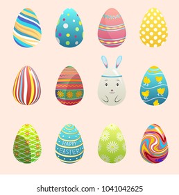 Realistic 3d vector easter eggs painted with spring pattern. Decoration retro multi colored collection of bunny rabbit eggs. Vintage ornament spring Easter holiday symbol illustration