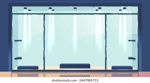 Fachada De Vidrio De Vector 3D Realista De La Tienda O Edificio De Oficinas Comercial. Escaparate de la boutique transparente