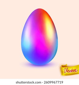 Realistic 3D vector of a glossy multicolored egg with vibrant gradient hues on a soft pastel background. Perfect for Easter, spring decorations, and festive designs