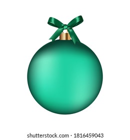 Realistic 3d vector green bauble with ribbon bow isolated on white illustration.