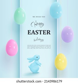 Realistic 3d vector Happy Easter greeting card with toy rabbit, eggs on frame in pastel colors