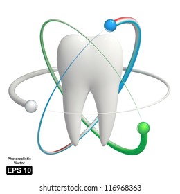 Realistic 3d vector icon - protected tooth concept with atom molecules