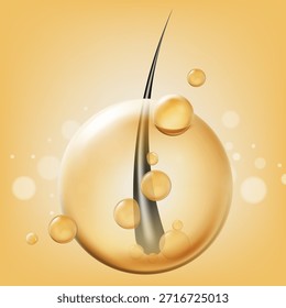 Realistic 3D vector illustration of a black hair strand protected inside a golden oil droplet or vitamin bubble. Concept for hair care serum, keratin treatment, shampoo advertising.