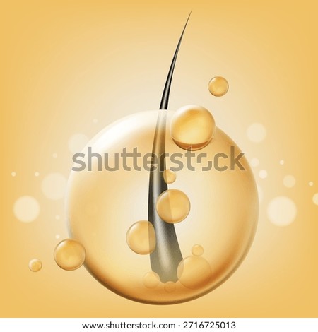 Realistic 3D vector illustration of a black hair strand protected inside a golden oil droplet or vitamin bubble. Concept for hair care serum, keratin treatment, shampoo advertising.