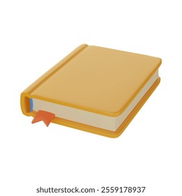 Ilustração vetorial 3D realista de livro com marcador. Ícone do livro amarelo isolado no fundo branco. Conceito de livraria, biblioteca, amante de livros.