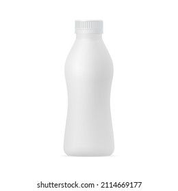 Realistic 3d vector illustration of a bottle for drinking yogurt. Mockup of a plastic package for milk, dairy drinks with a lid on white background. Template for design.