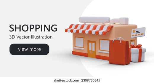 Realistic 3d vector illustration with cartoon supermarket, shopping bag and gift box. Web page for online store with button view more. Colorful vector illustration in red colors