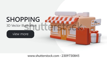 Realistic 3d vector illustration with cartoon supermarket, shopping bag and gift box. Web page for online store with button view more. Colorful vector illustration in red colors