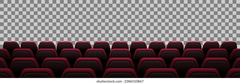 A realistic 3D vector illustration of a cinema's back row view, showing dark red seats arranged for a premium viewing experience. The transparent background makes it adaptable for various uses.