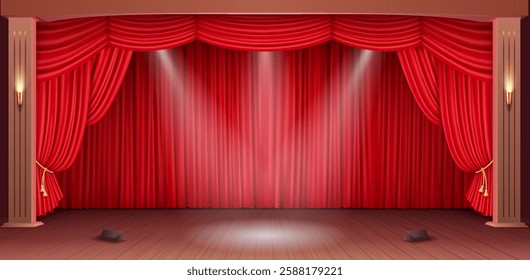 A realistic 3D vector illustration of a classic theater stage with an elegant red velvet curtain and soft ambient lighting, creating a dramatic atmosphere.