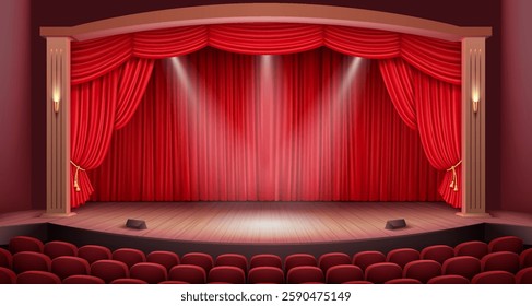 A realistic 3D vector illustration of a classic theater stage with a luxurious red curtain, wooden floor, and warm ambient lighting, emphasizing drama and performance.