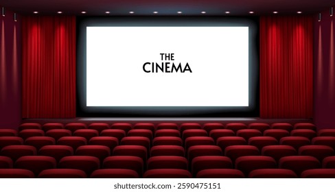 A realistic 3D vector illustration of a classic cinema hall with red velvet seats, an illuminated widescreen, and elegant red curtains, creating an immersive movie experience.
