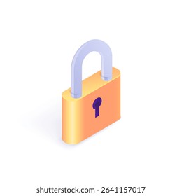 Realistic 3D vector illustration of a classic metal padlock. Closed safety lock isolated on white background. Symbol of protection, privacy, and security. Ideal for security concepts, safety materials