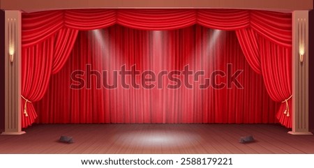 A realistic 3D vector illustration of a classic theater stage with an elegant red velvet curtain and soft ambient lighting, creating a dramatic atmosphere.