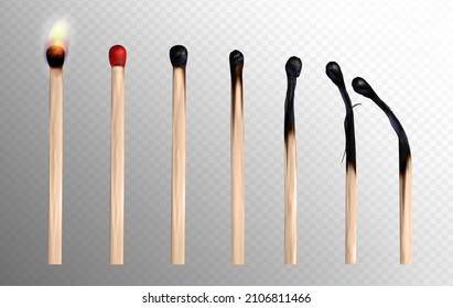 Realistic 3d vector illustration closeup set of whole and burnt wooden matchsticks. Stages of match burning from fire isolated on transparent background. Charred wood stick. Ignition concept.