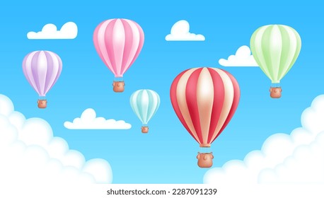 Realistic 3D vector illustration of a colorful hot air balloons in a blue sky background with clouds. Adventure, recreation, and travel, with an airship flying. Cute children cartoon image.