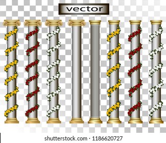 Realistic 3D vector illustration of columns intertwined with vines of roses as the detail of the architecture of flowers roses white, red and yellow Roman, classical, modern big set isolated