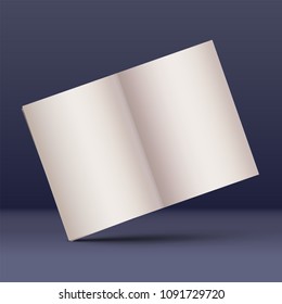 Realistic 3D vector illustration of an empty rotate page spread of a magazine, notebook or book on a dark blue background. Craft paper, vintage design style. Mock up with shadow