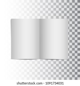 Realistic 3D vector illustration of an empty vertical pages spread of a magazine, notebook or book on a transparent background. White paper with shadow. Mock up. 