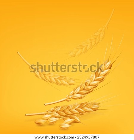 Realistic 3D vector illustration of falling golden wheat on a yellow background. Great for autumn and rural themes, as well as bakery and food designs. Ripe wheat in motion