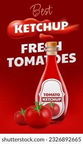 Ilustración vectorial 3D realista de una botella de vidrio con un delicioso ketchup de tomate. La imagen muestra una gota de ketchup que gotea formando una mancha, añadiendo un toque dinámico. Perfecto para publicidad, marca